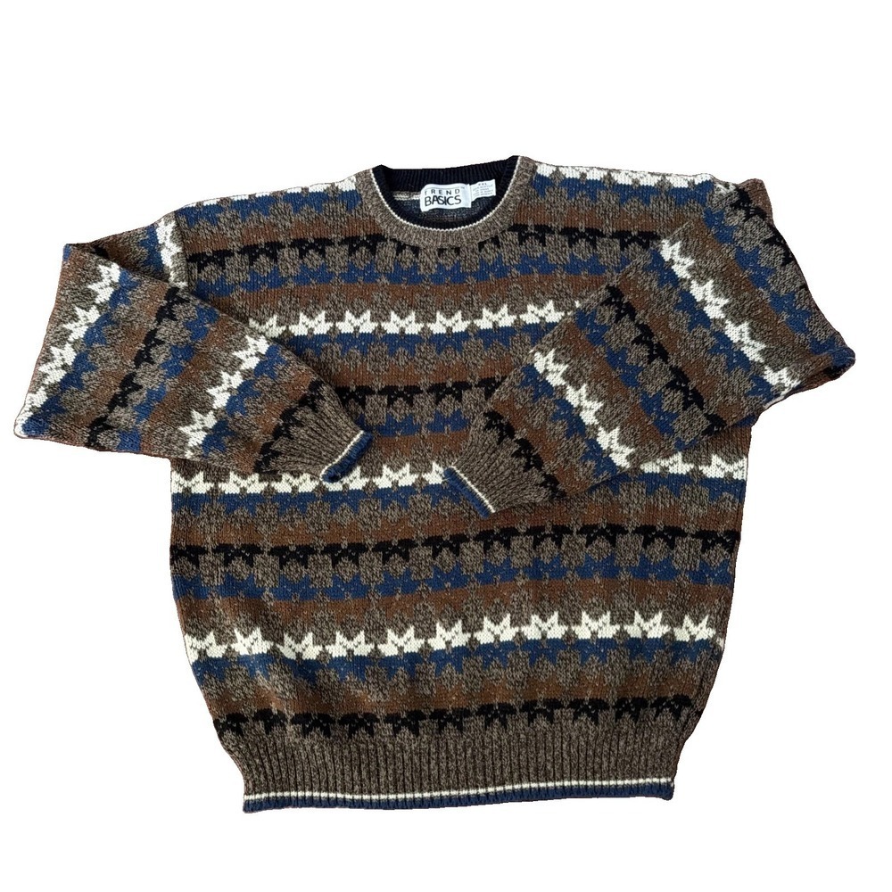 Vintage Trend Basics Mens Grandpa Sweater 2XL Stars Brown Pullover 80s 90s